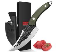 SHAN ZU Couteau de Chef avec Gaine en Cuir, Couteau de Cuisine Désosser en Acier à Haute Teneur en Carbone et Poignée étanche G10, Professionnel pour Maison, Camping, Barbecue - Armée verte