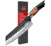 SHAN ZU Couteau Santoku Forgé à la Main, Couteau de Cuisine 18 cm, Couteau Japonais en Acier à 7 Couches, Couteau Tranchant en Acier au Carbone de Haute Qualité, Manche en Bois d'érable