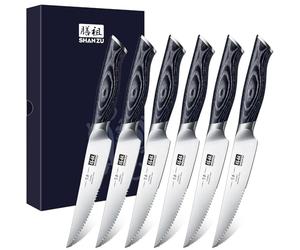 SHAN ZU Couteaux à Steak, Couteaux de Table 6 Pièces, Set Couteaux a Steack Cuisine Coffret Couverts de Table, Lame Ultra-fine en Acier Inoxydable avec K133 manche en bois - Genbu Série