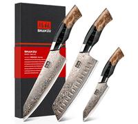 SHAN ZU Damas Set de 3 Couteaux de Cuisine Japonais, 33 Couches de Cuivre et Acier Damas & Lame Ultra-Affûtée à 12° avec Manche en Bois d'Érable Incluant Couteau de Chef, Santoku et Économe