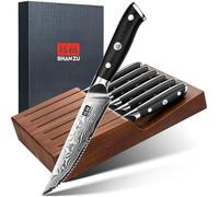 SHAN ZU Ensemble de Couteaux à Steak Damas avec Bloc, Couteaux de Table Dentelés en Acier Japonais à Haute Teneur en Carbone, Manche Ergonomique G10 et Coffret Cadeau - PRO Series
