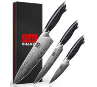 SHAN ZU Set Couteau Cuisine en Acier Poudré, Ensemble de 3 Couteaux Japonais à Acier Inoxydable Haute Dureté, Manche Ergonomique en Bois, Couteau de Chef, Couteau de Universel et Couteau d'office