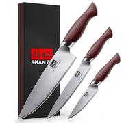 SHAN ZU Set de 3 Couteaux de Cuisine Japonais en Acier Inoxydable 10Cr15MoV, Manche Bois Pakka Ergonomique - Ensemble de Couteaux Avec Couteau de Chef, Couteau d'Office, Couteau Universel