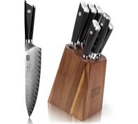 SHAN ZU Set de Couteaux de Cuisine Damas 7 Pièces avec Bloc, Couteaux Japonais en Acier Damas 67 Couches 10Cr15MoV, Bloc Couteaux Ultra Tranchants avec Manche G10