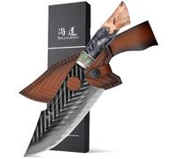 SHANGDAO Couteau de boucher damas 7 pouces, couteaux de cuisine Viking Cleaver avec gaine en cuir - 67 couches d'acier allié avec résine forgée à la main professionnelle et manche en bois série QILIN
