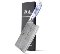 SHANGDAO Couteau de chef chinois de 7 pouces, couteau de cuisine couperet, couteau à légumes professionnel, acier de Damas forgé avec manche en résine bleue et blanche - Full Tang - Série HUA