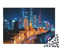 Shanghai Skyline 1000 Pièces Jigsaw Puzzle Recyclé Neon Night City Senior Puzzles Jeu de Soirée Accessoires Développement de Garçons et Filles Intelligence Éducatif Amusant 52x38cm/1000 Pièces