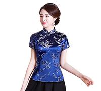 Shanghai Story Chemise chinoise Cheongsam à manches courtes pour femme, Fleur bleue, M