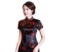 Shanghai Story Chemise chinoise Cheongsam à manches courtes pour femme, Fleur noire et rouge, M