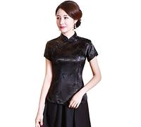 Shanghai Story Chemise chinoise Cheongsam à manches courtes pour femme, Fleur noire., Taille XL