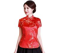 Shanghai Story Chemise chinoise Cheongsam à manches courtes pour femme, Fleur rouge, M
