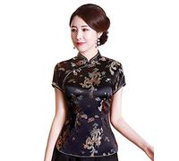 Shanghai Story Chemise chinoise Cheongsam à manches courtes pour femme, Noir, XL