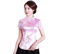 Shanghai Story Chemise chinoise Cheongsam à manches courtes pour femme, Rose/motif floral, Taille XL