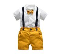 ShangSRS Bébé Garçons Ensemble Costumes Ete 4 pcs Chemise Courte+Short Jaune+Bretelles+Noeud Papillon Messieurs Mariage Vêtements Baptême Tenues Anniversaire 3 6 12 18 Mois 2 3ans