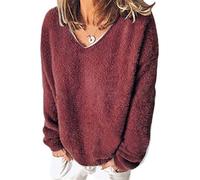 ShangSRS Pull Femme Toison Col V Casual Manches Longues Hiver Chaud Pullover Sweater Top Blouse (Vin Rouge,2XL)