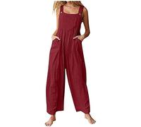 ShangSRS Salopette Lin Femme Combinaison Grande Taille Été sans Manches Salopette Combinaison à bretelles boutonnées de couleur unie Loose Pantalon Jumpsuit Décontractée (bordeaux, M, m)