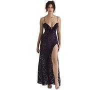 SHANHE Sexy Womens Summer Slip Dress Spaghetti Strap V-Neck Lace Crochet Flower Sheer Slit Hem Slim Long Dress for Party New SM L-Black,S