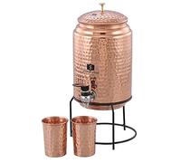 SHANKAR & SONS Distributeur d'eau en cuivre de 5 litres avec support et 2 verres | Sans BPA, non toxique | Texture martelée, antirouille et durable | avec des avantages supplémentaires pour la santé