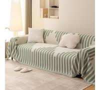 SHANNA Couverture de canapé à rayures 1/2/3/4 places, en chenille, utilisable toute l'année, grande, polyvalente, pour canapé d'angle, canapé en forme de L, futon, avec pompons