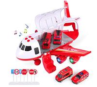 SHANNA Jeu pour VéHicule AéRien,Avion Roue Inertie avec Ensemble Jouets éDucatifs pour VéHicules,1 Grand Avion,4 Voitures Alliage Cadeau pour Enfant Garçon Fille (Camion Pompier- Rouge)