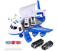 SHANNA Jeu pour VéHicule AéRien,Avion Roue Inertie avec Ensemble Jouets éDucatifs pour VéHicules,1 Grand Avion,4 Voitures Alliage Cadeau pour Enfant Garçon Fille (Voiture Police- Bleu)