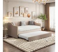 SHAODENG Canapé-lit 90 x 200 cm avec accoudoirs, lit gigogne rembourré, cadre de lit avec sommier à lattes, comme lit d'adolescent ou lit d'invités, beige, lin, sans matelas