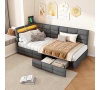 SHAODENG Canapé-lit rembourré, 90 x 200 cm, avec lit gigogne et fonction de charge USB, cadre de lit avec sommier à lattes, comme lit d'adolescent ou lit d'invités, gris, lin, sans matelas