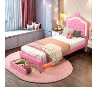 SHAODENG Lit simple, 90 x 200 cm, avec sommier à lattes et tête de lit réglable, lit pour adolescent avec couronne de princesse LED et tiroirs, lit rembourré en polyuréthane, sans matelas