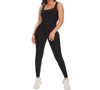 SHAPERIN Femme Combinaison de Sport Yoga Jumpsuit à Sans Manches Une Pièces Col Carré Côtes Bodycon Jumpsuits Extensible Bodysuit Fitness Sleeveless Noir L