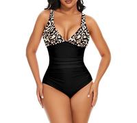 SHAPERIN Femme Maillot de Bain Une Pièce Leopard Swimsuit Col V Profond Maillot Push Up Rembourré Monokini Ventre Plat, Léopard, XL