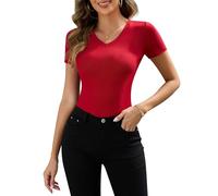 SHAPERIN Femme T-Shirt à Manches Courtes Haut de Loisirs d'été Décontracté Haut Col en V Basic Top Moulant Slim Fit Tee Rouge-Col en V M
