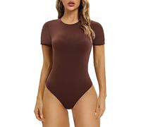 SHAPERX Body Femme Manche Courte Bodysuit Top Haute Élasticité Haut à Col Rond Justaucorps avec String, UK-SZ5249-2-Cocoa-XL