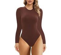 SHAPERX Body Femme Manche Longue Bodysuit Top Haute Élasticité Haut à Col Rond Justaucorps avec String, UK-SZ5242-Cocoa-XL