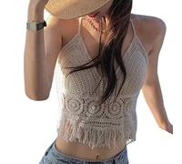 ShapeW Haut court dos nu pour femme en tricot ajouré, motif cercle, dos nu, ourlet rembourré, blanc, taille unique