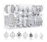 SHareconn Lot de 106 décorations de Noël en plastique incassable pour sapin de Noël, vacances, fête de mariage avec crochets inclus, blanc et argent
