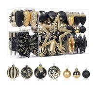 SHareconn Lot de 106 décorations de Noël en plastique incassable pour sapin de Noël, vacances, fête de mariage avec crochets inclus, noir et or