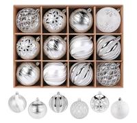 SHareconn Lot de 12 boules de Noël colorées en plastique incassable à suspendre pour sapin de Noël, décoration de fête, de mariage avec crochet, 80 mm, argenté