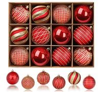 SHareconn Lot de 12 Boules de Noël Plastique Colorées Incassables pour Décoration de Sapin de Noël, de Fête, Mariage avec Crochet,8cm,Rouge & Or