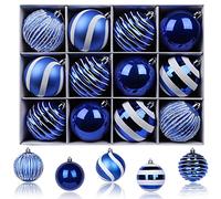 SHareconn Lot de 12 Boules de Noël Plastique Colorées Incassables pour Décoration de Sapin de Noël, de Fête, Mariage avec Crochet,8cm, Bleu & Blanc
