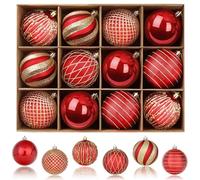 SHareconn Lot de 12 Boules de Noël Plastique Colorées Incassables pour Décoration de Sapin de Noël, de Fête, Mariage avec Crochet,8cm,Rouge & Or