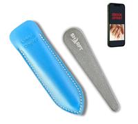 SHARFT, Lime a Ongles Pierre Naturelle des Pyrénées 2 finitions avec étui CUIR de couleur Bleue. Format 105x20x5mm en biseau. Utilisable toutes faces. Lavable, Durable, Naturel et MADE IN FRANCE.