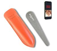 SHARFT, Lime a Ongles Pierre Naturelle des Pyrénées 2 finitions avec étui CUIR de couleur Orange. Format 105x20x5mm en biseau. Utilisable toutes faces. Lavable, Durable, Naturel et MADE IN FRANCE.