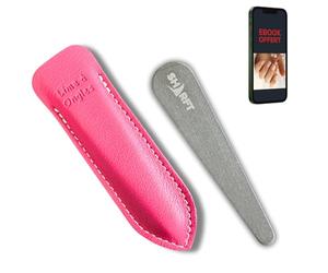 SHARFT, Lime a Ongles Pierre Naturelle des Pyrénées 2 finitions avec étui CUIR de couleur Rose. Format 105x20x5mm en biseau. Utilisable toutes faces. Lavable, Durable, Naturel et MADE IN FRANCE.