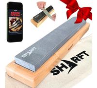 SHARFT, Pierre a aiguiser naturelle des Pyrénées équiv. grain 1000 + socle en bois. Pierre à aiguiser 300mm. Affuteur de couteaux de cuisine, etc... Aiguiseur couteaux professionnel. MADE IN FRANCE.