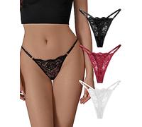 SHARICCA Lot de 3 Strings en Dentelle pour Femme - Taille Basse - Réglables - Sexy - Respirant - Dos en T, 3p03 (Noir, Blanc, Rouge), Medium