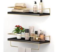Shario Lot de 2 étagères flottantes à fixation murale avec porte-serviettes doré, étagères de rangement décoratives pour salle de bain, cuisine, salon et chambre à coucher (noir doré, 40 cm)