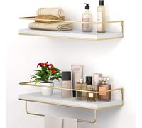 Shario Lot de 2 étagères flottantes blanches à suspendre avec porte-serviettes doré, étagères de rangement décoratives pour salle de bain, cuisine, salon et chambre à coucher (blanc)