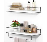 Shario Lot de 2 étagères flottantes blanches à suspendre avec porte-serviettes gris, étagères de rangement décoratives pour salle de bain, cuisine, salon et chambre à coucher (blanc gris, 40 cm)