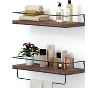 Shario Lot de 2 étagères flottantes en bois rustique à suspendre avec porte-serviettes noir, étagères de rangement décoratives pour salle de bain, cuisine, salon et chambre à coucher (marron carbonisé