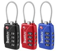 SharkByte Lot de 3 cadenas à combinaison approuvés par la TSA - Cadenas de sécurité à combinaison de voyage à 4 cadrans en fil de câble flexible pour valises, serrures à bagages, valise, sac de voyage